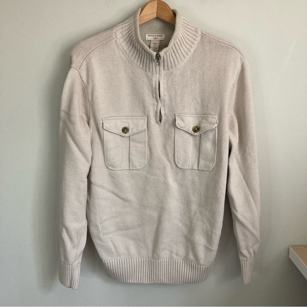 Dockers Men's size large Long Sleeve 1/4 Zip Sweater 2 Pockets Light Beige Heavy